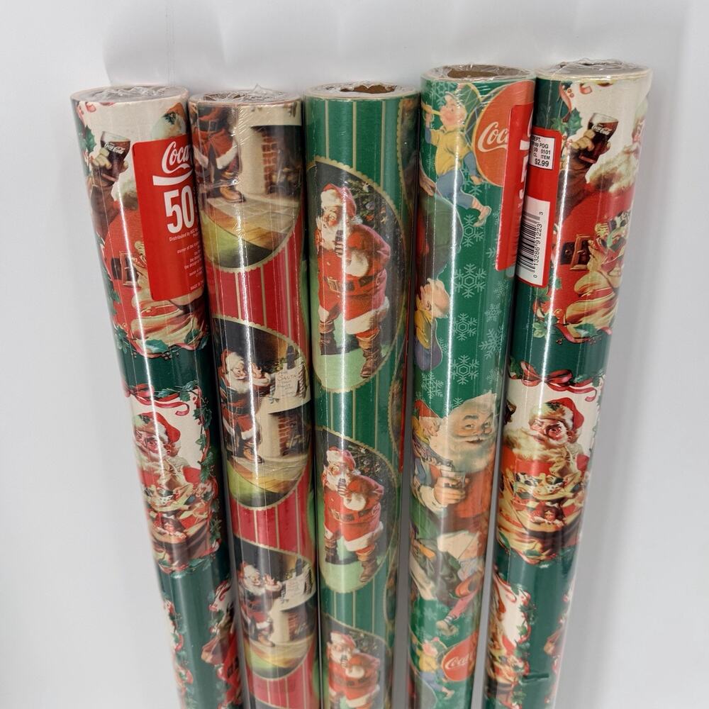 Lot of 5 Rolls Vintage Coca-Cola Christmas Wrapping Paper NEW SEALED - Picture 2 of 10